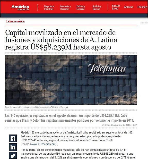 Capital movilizado en el mercado de fusiones y adquisiciones de A. Latina registra US$58.239M hasta agosto